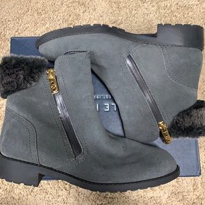 Cole Haan Quinney waterproof suede boots with fur and gold zipper